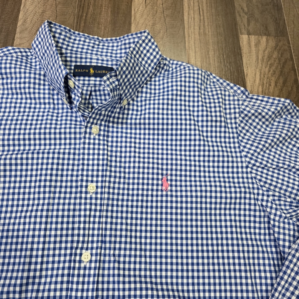 Ralph Lauren Gingham Oxford 100% Cotton Long Sleeve Button Down Shirt. XL